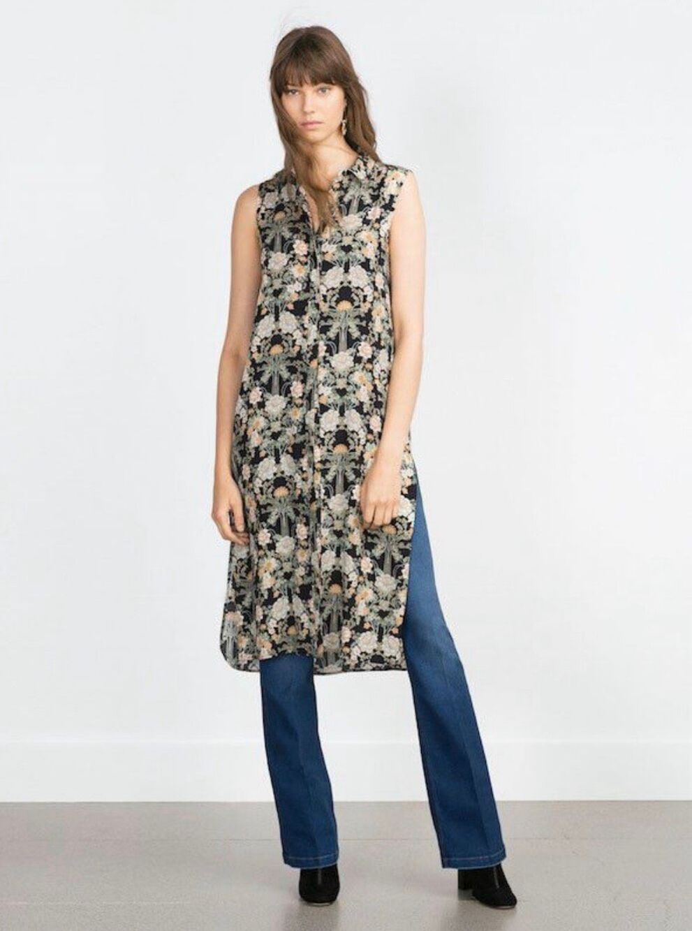 ZARA Printed Kimono Tunic Top Button Front Side Slit Boho Size Medium